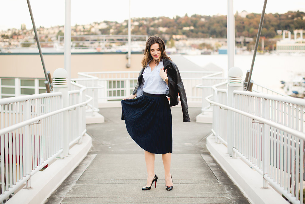 Designer navy pleated skirt best sale